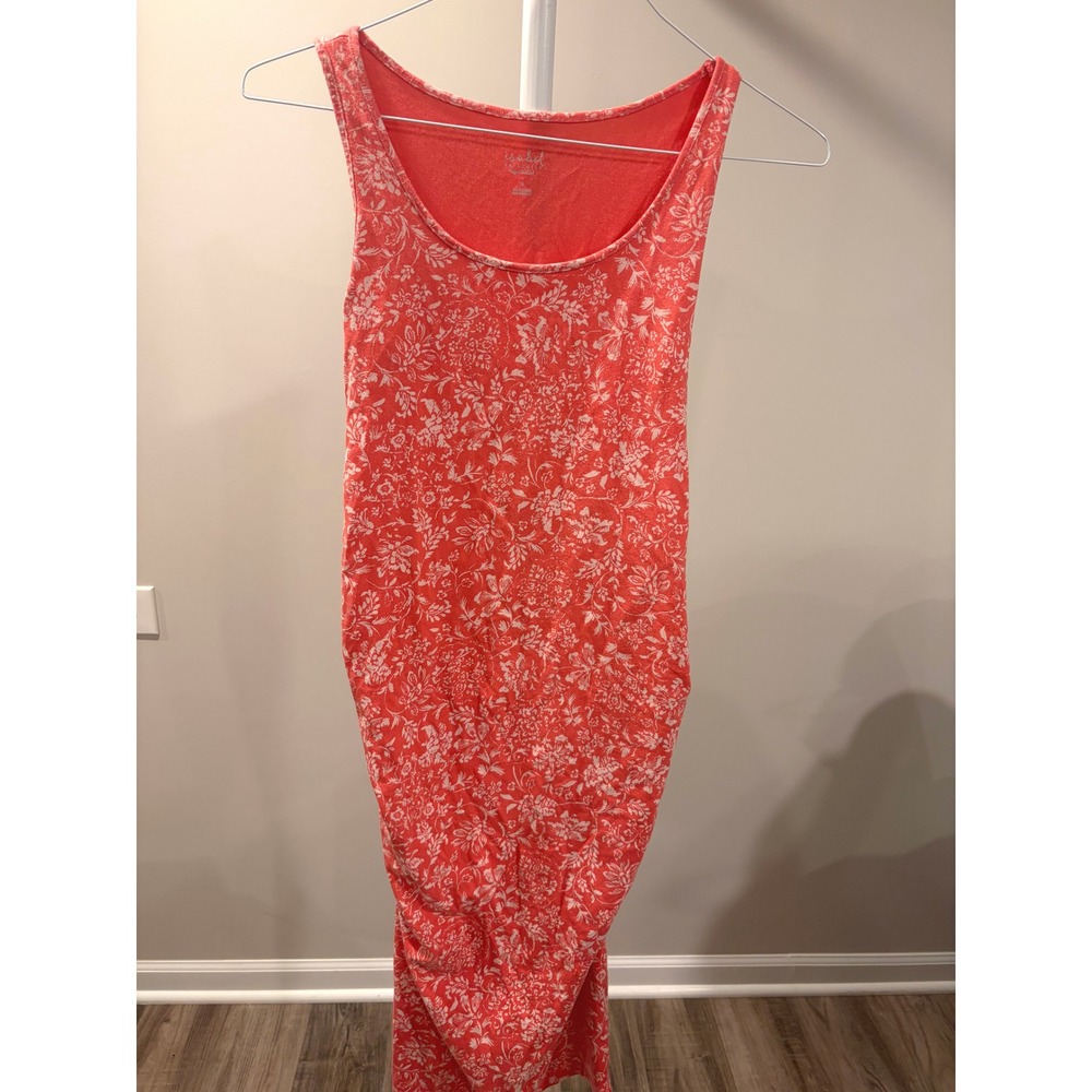 Maternity Retro Boho Coral Floral Side Ruched Tank Bodycon Midi Dress Size S